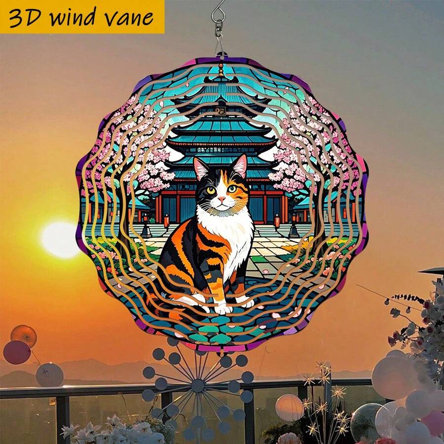 3D 1pc, Calico Cat Sitting In Front Of Cherry Blossom Temple, "25.5cm/10in*25.5cm/10in With Rotating Hook, 360°DIY Creative Wind Spinner" Four Seasons Creative Style Wind Spinner Set, Wind-Powered Rotation, Easy Installation, Suitable For Christmas, Halloween, And Various Holiday Gift Scenes