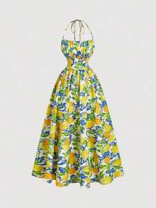 MOD Vestido con estampado de limón, tirantes con lazo y espalda descubierta - Amarillo - Ver 9