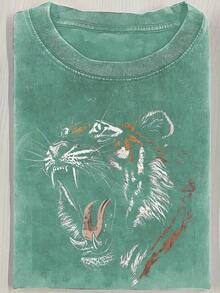 Short-Sleeved T-Shirt With Retro-Style Tiger Portrait Print, 230g, Heavy Wash, Batik, Double-Sided Print, Men's Short-Sleeved T-Shirt, Outdoor Sweater, Vintage Wash, 100% Cotton, For Everyday Use. - 寶藍色 - 查看 1