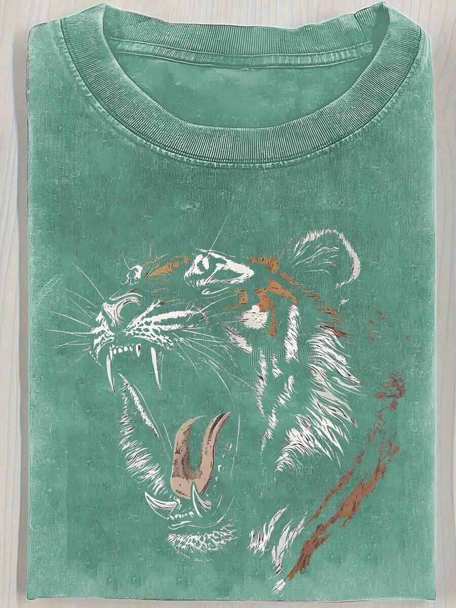 Short-Sleeved T-Shirt With Retro-Style Tiger Portrait Print, 230g, Heavy Wash, Batik, Double-Sided Print, Men's Short-Sleeved T-Shirt, Outdoor Sweater, Vintage Wash, 100% Cotton, For Everyday Use. - 寶藍色 - 查看 1