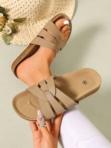 Ximi Ruo Sandal Datar Kasual Modis Wanita dengan Desain Gesper, Cocok untuk Pemakaian Sehari-hari, Pantai, Rumah, Perjalanan, Belanja, dan Bepergian - Aprikot - View 5