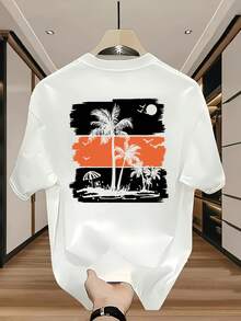 Camiseta de Hombre Negra con Estampado Tropical de Palmeras - Camiseta Casual de Cuello Redondo 100% Algodón con Diseño de Playa Naranja y Blanco - Camiseta Ligera de Verano para Vacaciones, Ropa Casual - Esencial Diario Transpirable, Camiseta de Playa, Material Semitransparente - Negro - Ver 1
