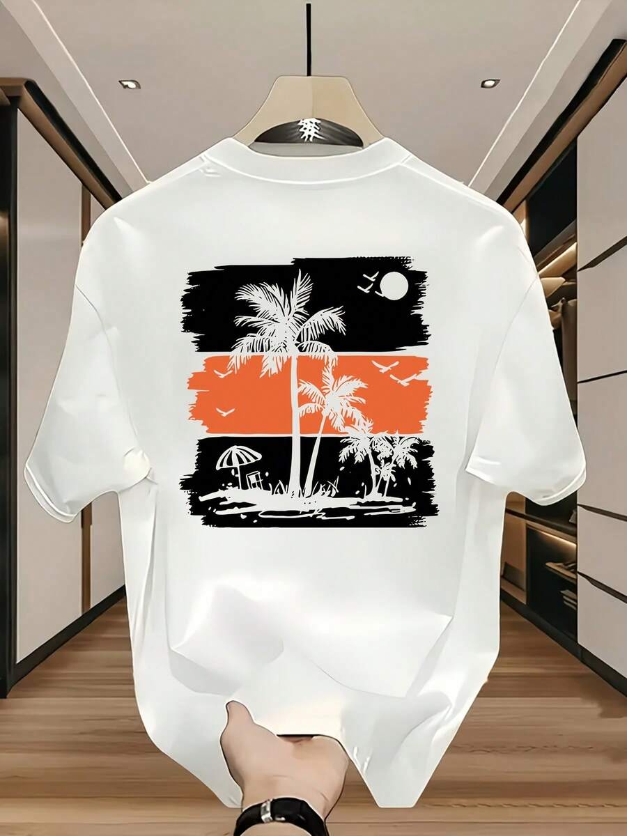 Camiseta de Hombre Negra con Estampado Tropical de Palmeras - Camiseta Casual de Cuello Redondo 100% Algodón con Diseño de Playa Naranja y Blanco - Camiseta Ligera de Verano para Vacaciones, Ropa Casual - Esencial Diario Transpirable, Camiseta de Playa, Material Semitransparente - Negro - Ver 1