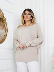 Women's Plain Viscose/Lycra Blouse With Boat Neck, Loose Fit, Fashionable Batwing Print, Long Sleeves - Apricot - View 3