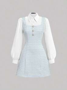 fsfvgsSHEIN MOD 1 pieza Vestido largo de manga larga con cuello y parche de cuadros elegante para mujer, otoñosbfb s G2RJ - Niebla azul - Ver 5