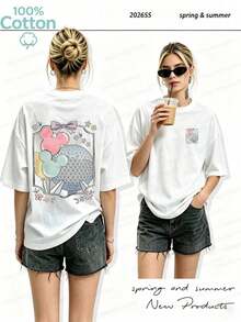 Women's Crew Neck T-Shirt With World Design, Officially Licensed, 100% Cotton - Lightweight, Casual Summer, Short Sleeve, Easy Machine Wash, Versatile Top For Everyday Wear, Stylish Design, Breathable Fabric, A Must-Have For Pop Culture Fans. - 白色 - 查看 1