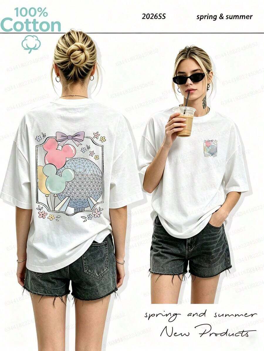 Women's Crew Neck T-Shirt With World Design, Officially Licensed, 100% Cotton - Lightweight, Casual Summer, Short Sleeve, Easy Machine Wash, Versatile Top For Everyday Wear, Stylish Design, Breathable Fabric, A Must-Have For Pop Culture Fans. - 白色 - 查看 1