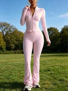 Women's Minimalist Sexy Pink Slim Fit Fitness Set, Waist-Cinched Flared Pants, High Elasticity Nude Feel Running Casual Sports Outfit, Hot Girl Style Pink Sports Set | Stand Collar Zipper Jacket + High Waist Flared Yoga Pants With Pockets 2pcs Set - Pink - View 2