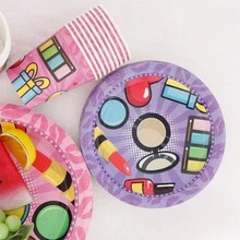 彩妝主題餐具套組，一次性餐具套組，家庭派對裝飾，生日場景餐具佈置套組，包含餐巾紙、紙盤、桌巾和橫幅——適合10人聚會 - 彩色 - 查看 3