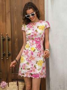 Vestido romántico de manga corta con estampado floral diminuto y bajo asimétrico de encaje para mujer - Multicolor - Ver 3