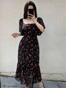 de verano de mujer elegante con cuello cuadrado, volantes y cola de, de gasa con estampado floral diminuto - Negro - Ver 3