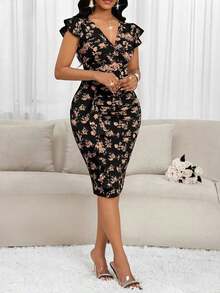 Vestido midi elegante de mujer con cuello en V, estampado floral y volantes - Multicolor 7 - Ver 3