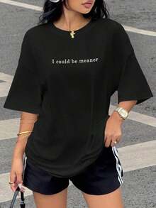 Casual Blouses For Women, Black T-Shirt With The Phrase "I Could Be Meaner" In White Letters, Women's Tops With A Bold And Fun Style, Ideal For Everyday Use And Casual Looks. - 黑色 - 查看 4