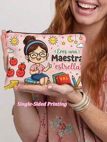 Cartoon Spanish Teacher Makeup Bag - "You Are A Teacher" Appreciation Gift Cosmetic Pouch With Pink Plaid, Multifunctional Large Capacity Travel Storage Bag, Gift For Teachers, Token Of Gratitude, Holiday Present - Beige - View 11