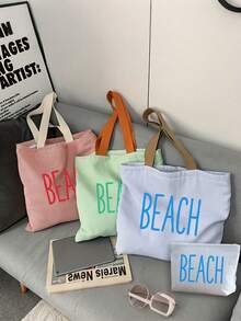 彩色「BEACH」圖案印花肩背包組合，條紋手提包、托特包組合，展現獨特風格，個性化字母條紋肩背包，純色拉鍊帆布包，大容量休閒包，多色肩帶，適合旅行、學生肩背包 - 彩色 - 查看 2