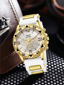 3pcs Men's Hip-Hop Style Watch Set, Including A Gold And White Contrasting Three-Eye Chronograph Quartz Watch, A Silver Cuban Chain Necklace, And Bracelet. The Watch Features A White Dial With A Gold Bezel, Paired With A Silicone Strap And Gold Woven Textured Accents, Fully Displaying A Street-Style Fashion Vibe; The Matching Accessories Are Made With Thick Chains And Have A Striking Metallic Shine. - White - View 2