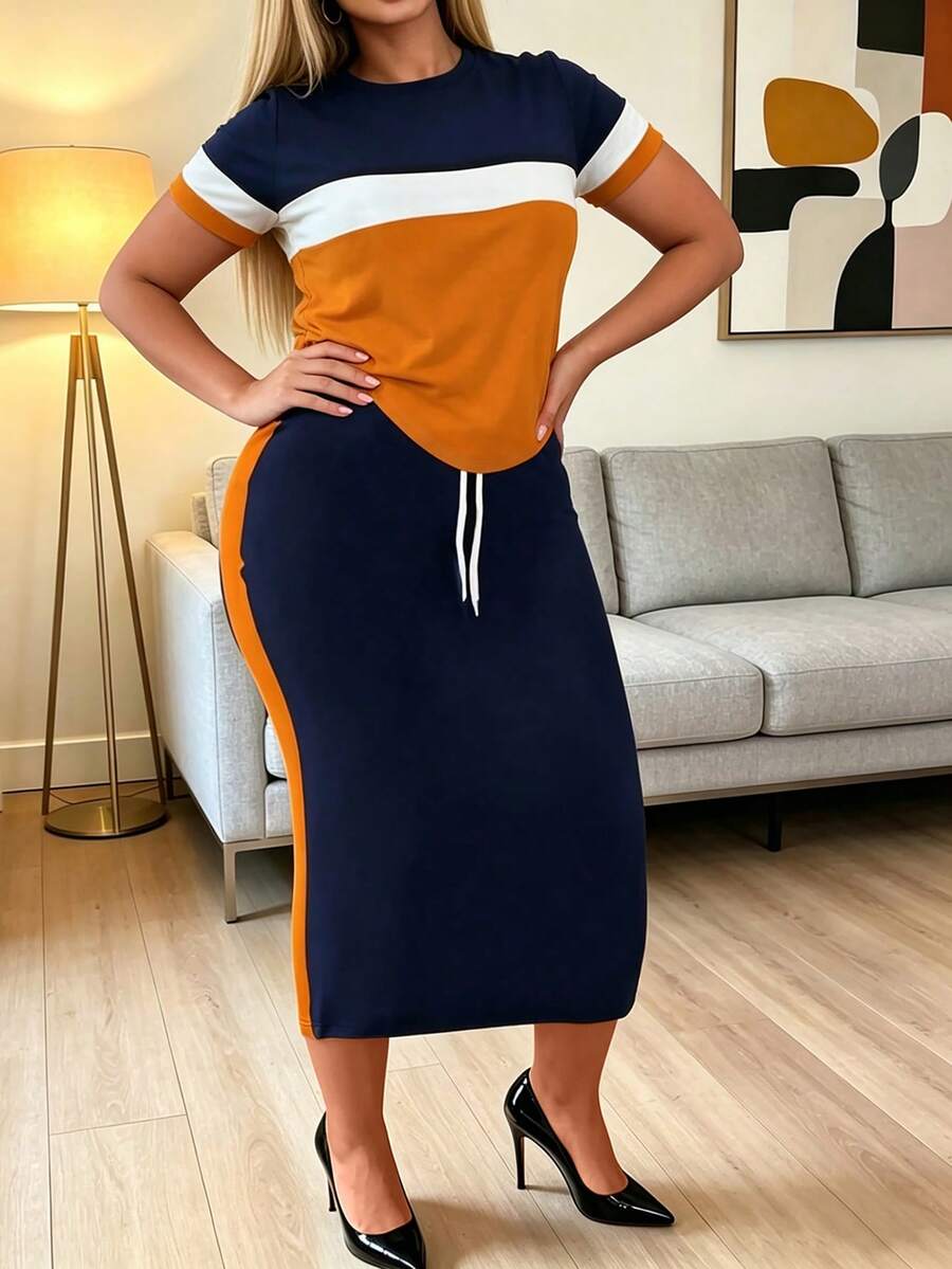 Bộ 2 món áo ngắn tay và chân váy nữ size lớn, màu tương phản, phong cách thường ngày thoải mái, thanh lịch - Nhiều màu - Xem 1
