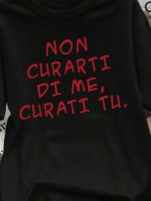 Slogan Print "DON'T CARE ABOUT ME, CARE ABOUT YOURSELF." 100% Cotton Loose Women's T-Shirt, Summer Top, K-Pop Warrior Series, Pure Cotton Top, Women's Clothing, Women's Summer Cl - Black - View 3