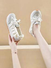 Women's Beige Colorblock Soft Sole Breathable Casual Shoes, Slip-On & Lace-Up Dual Design, Versatile Korean Style, Comfortable For Work, Shopping, Long Standing, College, Daily Commute - Beige - View 2