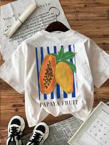 [Double-Sided Print] Spring And Summer Fashion Women's Tops, Illustration Style, Papaya Fruit Print, Round Neck Short Sleeve T-Shirt [Chu K], Women's Summer Outfit - White - View 3