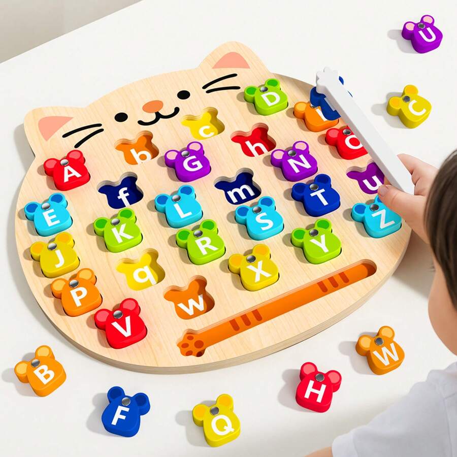 貓與鼠字母配對早教板，趣味大寫與小寫字母配對遊戲，培養兒童手眼協調能力，無味材質製成，兒童教育玩具
