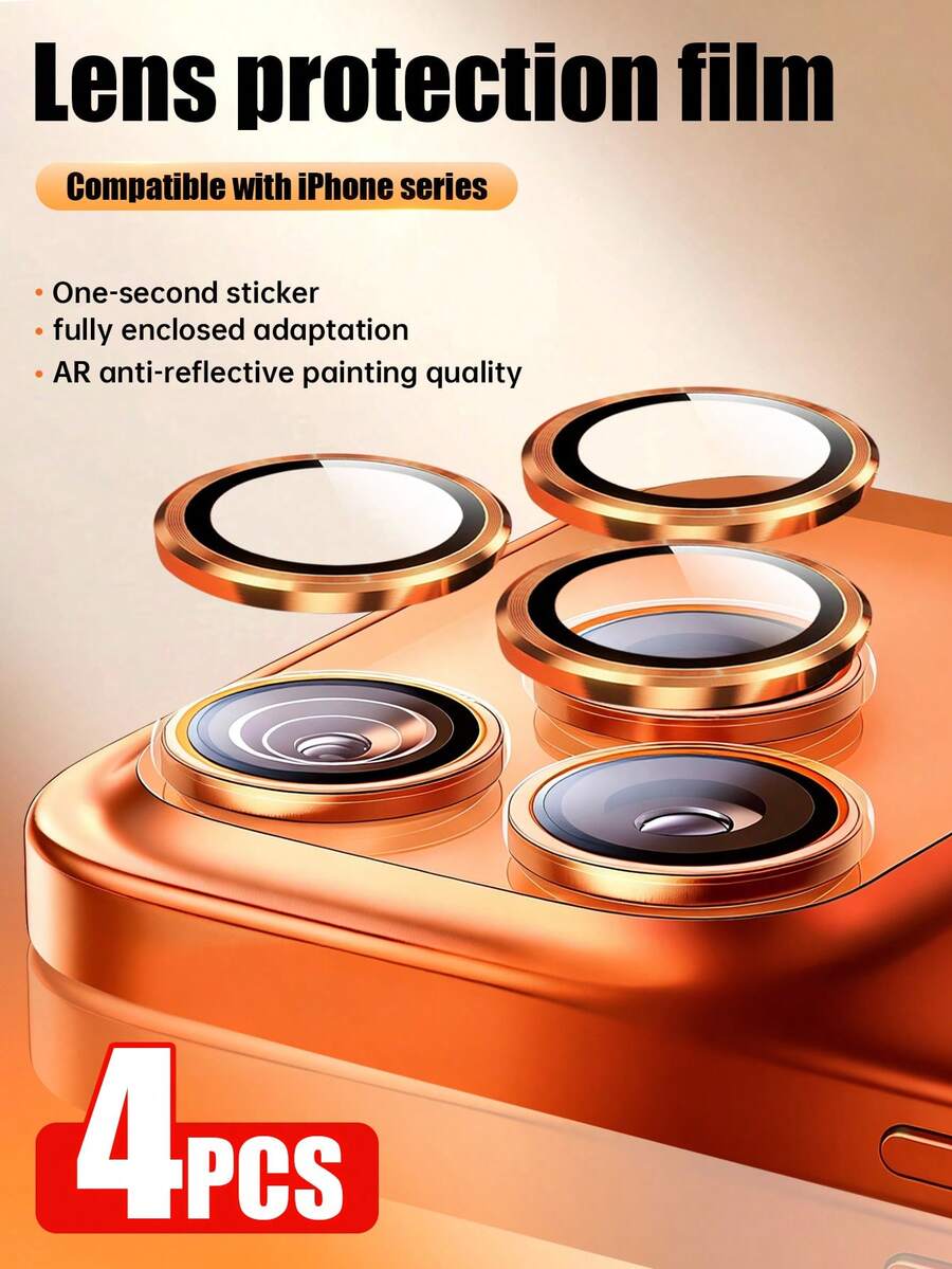 Yezodawee 4 piezas Anillos protectores de lente de cámara de metal naranja, ajuste perfecto, película de lente circular de cámara trasera, compatible con iPhone 17 Pro Max/17 Air/16 Pro Max/16 Pro/16 Plus/16/16E/15/14/13 Mini/12/11 - 4 piezas - Ver 1