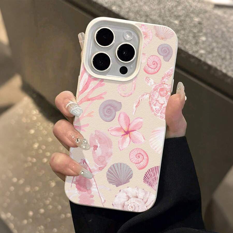 1pc Pink Ocean Seahorse, Turtle, Shell Pattern Full Coverage TPU Shockproof Phone Case, Compatible With Apple 17, 16, 15, 14, 13, 12, 11 Pro Max And Series - Multicolor - View 1