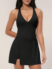 TimeOff 1 pieza Vestido-pantalón corto de mujer con cuello en V, unicolor, abertura lateral, volante en el bajo, tirantes cruzados, bolsillo y forro - Negro - Ver 9
