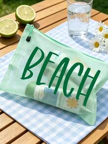 多色防水時尚網格布海灘包,印有「Beach」字樣彩妝包,海灘主題。大容量透明化妝包,附尼龍拉鍊盥洗包 - 輕量,可存放文件、文具、防曬霜、零食、比基尼和海灘必需品。春夏收納,非常適合游泳、海灘、潛水和夏季度假 - 彩色 - 查看 8