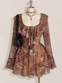 ICON Vestido mini con cuello en V de malla roja con volantes para mujer de talla grande, estilo de San Valentín, moda Y2K, adecuado para otoño, citas y uso sexy.Elegante vestido de otoño para mujer. - Multicolor 2 - Ver 8