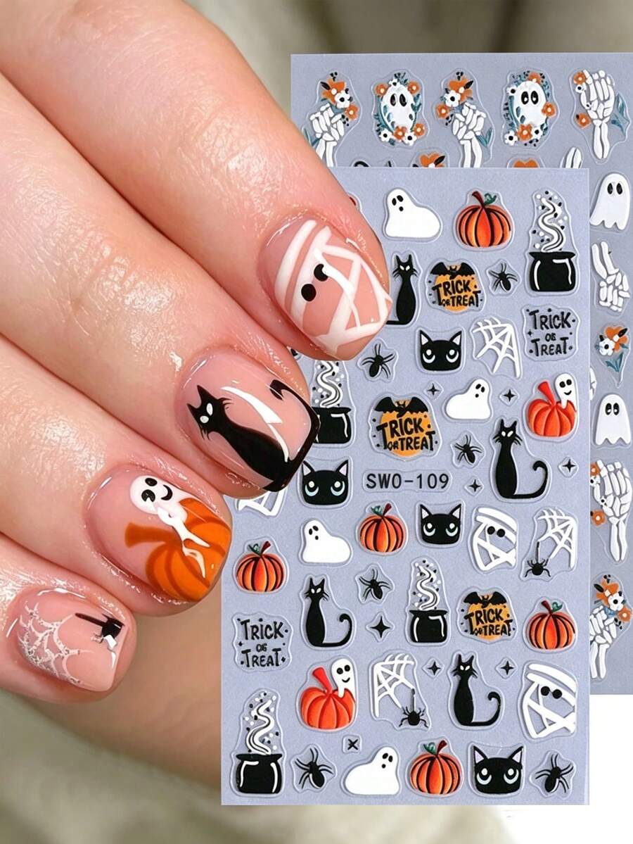 2pcs/1pc - Halloween Embossed Nail Stickers - Self-Adhesive 3D Nail Decals, Halloween Theme Nail Stickers, Including Ghosts, Pumpkins, Black Cats, Skulls, Spider Webs And Floral Patterns, Suitable For DIY Nail Art, Halloween Party Decoration, Halloween Decoration Props, Halloween Party Gifts, Notebook Decoration, Sticker Decoration, Random DIY Stickers. Suitable For Halloween Nail Art Decoration, Halloween Party Decoration, Party Stickers, Party Gifts. - Multicolor - View 1