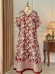 Weeklong Vestido holgado con cuello en V y mangas raglán con aplicaciones, adecuado para uso diario y vacaciones, tallas grandes para mujeres - Multicolor 9 - Ver 9