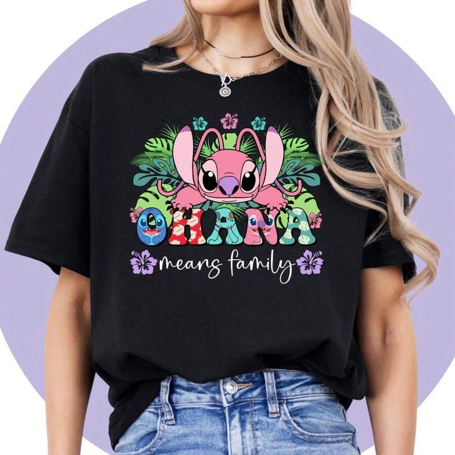 Lilo And Stitch Shirt | Angel Shirt | Stitch Birthday Tshirt | Disney Cartoon Shirt Unisex | Disney Theme -- Disneys Disneyland Paris The Magic Kingdom Disneyesque B6Holiday Gifts Valentine's Day Gifts Earth Day Gifts Oktoberfest Gifts Summer Bank Holiday Gifts - Black - View 1