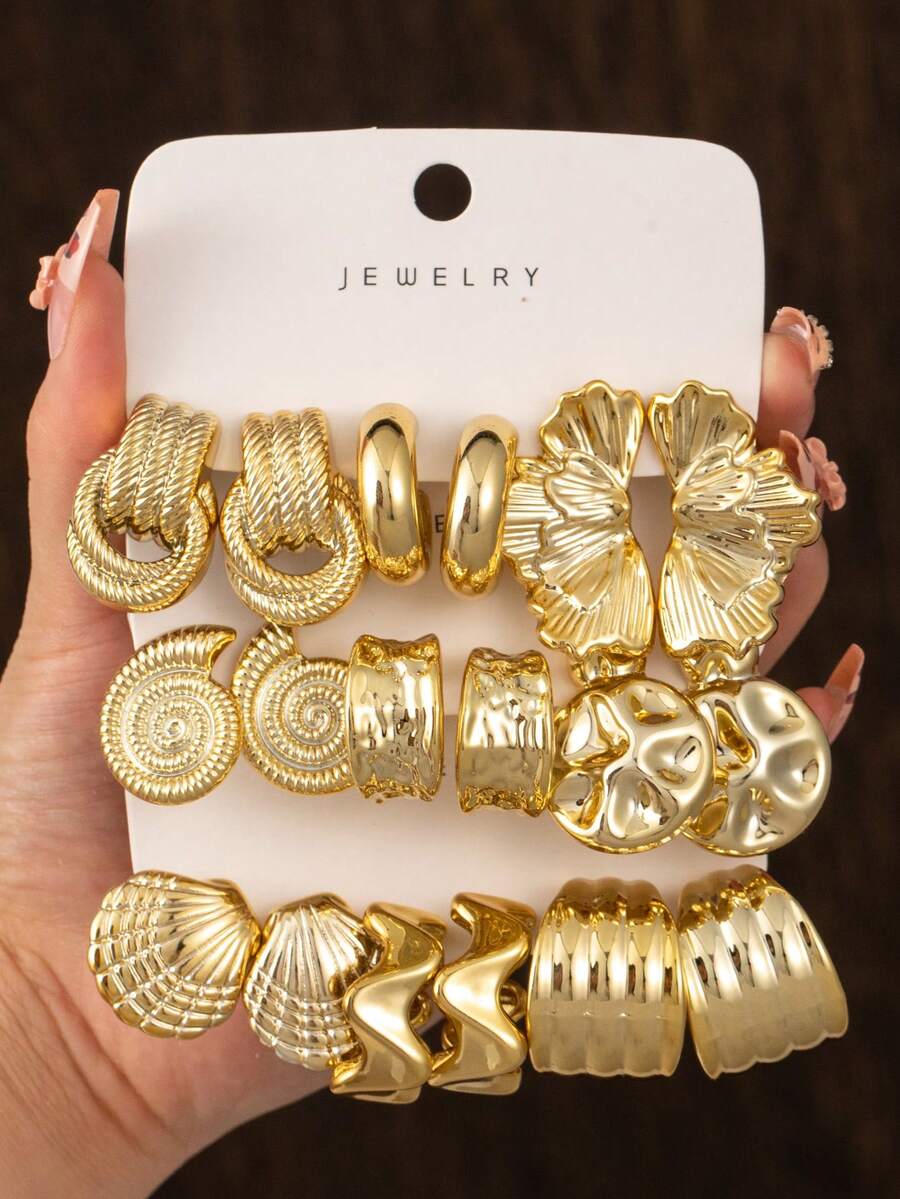 2/6/18PCS Gold European & American Geometric New Style Cross-Border Fashion Women's Jewelry Earring Set. Suitable For Daily Wear, Travel, Vacation, Dating, Evening Party. Versatile Fashion Jewelry Earring Set For Gifts. - Gold - View 1