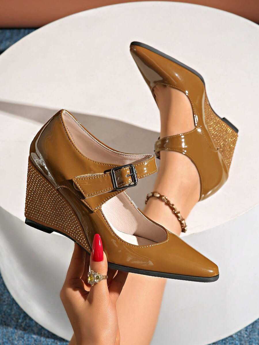 LiangJingJing Women's Caramel Patent Leather Mary Jane Wedge Heel Pumps, Rhinestone Embellished Buckle Strap Pointed Toe Comfortable Office & Casual Shoes - Ginger - View 1