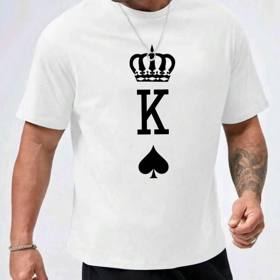 100% Cotton Graphic T-Shirt | Couple T-Shirts 2026 | King Crown Spade Queen Crown Heart Graphic T-Shirt | Suitable For Valentine's Day And Casual Wear | Gifts For Men And Women - 白色 - 查看 1