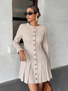 MEXChiquease Vestido casual de mujer con mangas largas, botones frontales y volantes en el bajo, a rayas, para otoño/inviernoMEX X9TB - Albaricoque - Ver 7