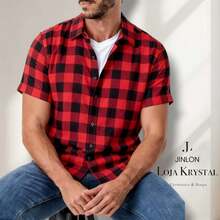 LK Checkered Printed Men's Short-Sleeve Dress Shirt For June Festivals - Red - View 2