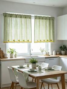 1PC Cute Korean-Style Sunflower Green Short Curtain,Farmhouse Style. Small Window Curtains For Kitchens,Half Curtains For Doors, Cabinet Partitions - Easy To Install (Rod Pocket Process). - Green - View 7