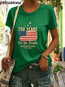 4th Of July Outfit WomenUSA 250th AnniversaryCommemorative Print Women's InspiredT-Shirt Short RoundNeckTopWhite LightweightY2K Short Sleeve Round Nec - 綠色 - 查看 4