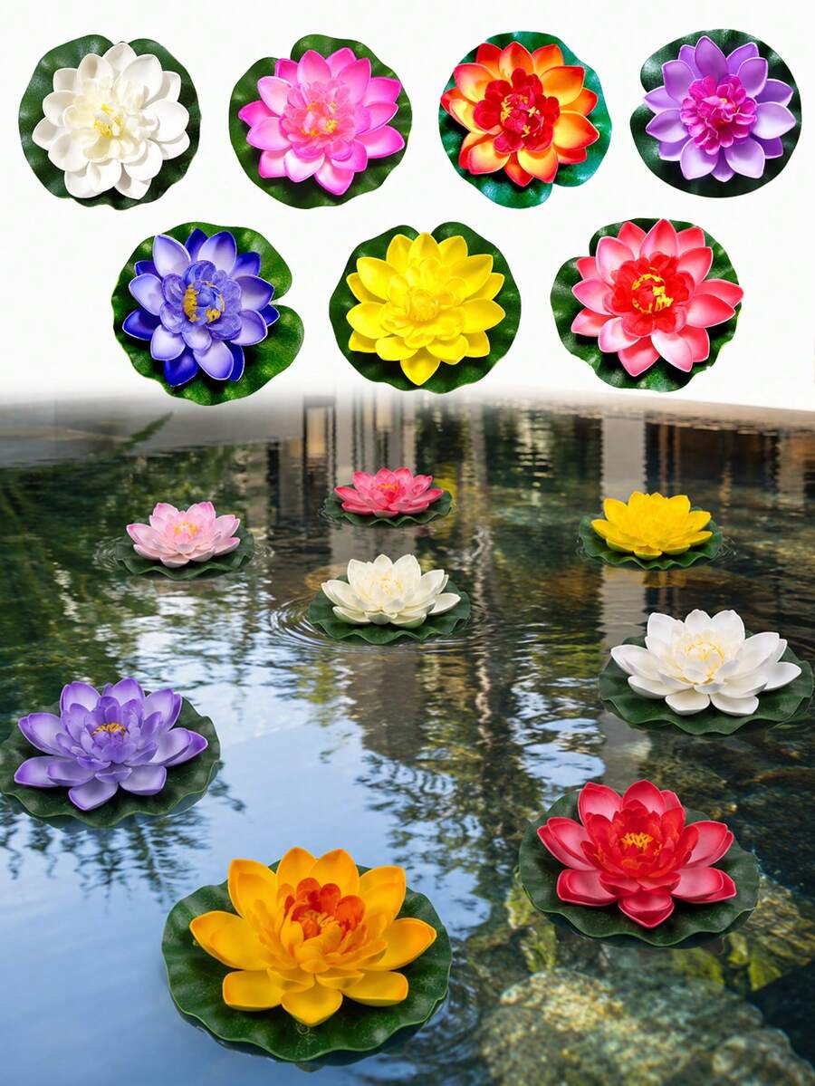 7件組人造漂浮水蓮花，多色仿生蓮花花束含蓮葉，防水泡沫牡丹花裝飾，逼真水景裝飾，適用於池塘、游泳池、水族箱、魚缸、婚禮場地佈置及夏季花園裝飾
