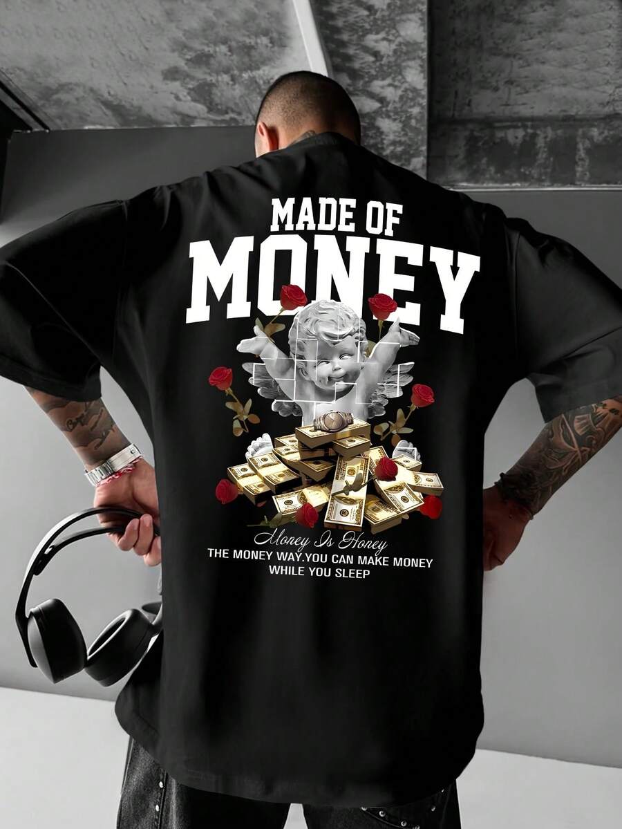 Men's Crew Neck T-Shirt, Loose Fit, With Urban Print - Black - View 1