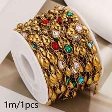 1 Meter 304 Stainless Steel 18K Gold‑Plated Chain With Heart, Star, Oval, Rectangle And Other Shaped Colorful Rhinestones, DIY Accessories For Handmade Necklaces And Bracelets - Chain - View 11