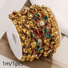 1 Meter 304 Stainless Steel 18K Gold‑Plated Chain With Heart, Star, Oval, Rectangle And Other Shaped Colorful Rhinestones, DIY Accessories For Handmade Necklaces And Bracelets - Chain - View 10