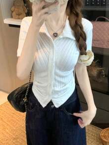女款素色單排扣長袖螺紋休閒T恤，春/夏白色 - 白色 - 查看 2