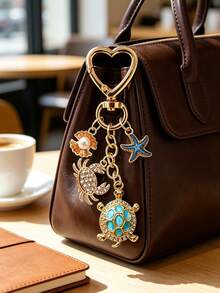 Gold Ocean Theme Keychain, Decorated With Turtle, Crab, Starfish And Pearl Charms, Heart-Shaped Lobster Clasp Bag Charm, Sparkling Rhinestone And Enamel Accents - Multicolor - View 6
