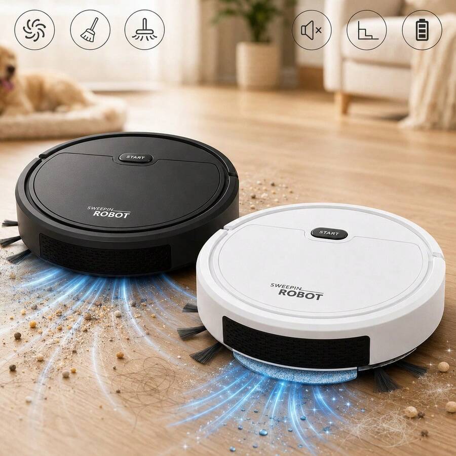 3-In-1 Compact, Slim, And Silent Robot Vacuum Cleaner, Rechargeable Via USB. Ideal For Home, Apartment. Vacuums Dust, Hair, Pet Hair, Mops, Helps With Daily Cleaning. Suitable For Cold Floors, Wood, Tiles, And Other Hard Floors, Reaching Areas Under Beds, Sofas, And Low Furniture. Multifunctional Robot XP-GN-SDJ001 - 全新升級款式 - 查看 1