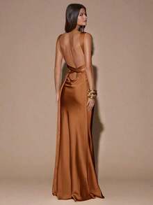 fsvsSHEIN  Vestido de tirantes con escote en V profundo y espalda descubierta, de unicolor amarillo/crema, de estilo minimalista y sexy, adecuado para fiestas, cócteles, ocasiones formales, dama de honor, cumpleaños, Navidad y casual de negociossdvs KE52 - Óxido marrón - Ver 6