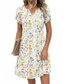 ,Flower Dress Women,2026 Women's Summer Casual Floral V-Neck A-Line T-Shirt Mini Dress Short Sleeve With Pockets Beach Sundress,Casual Summer Dress, Summer Casual Dress, Holiday Choice - A01-白色花卉 - 查看 2
