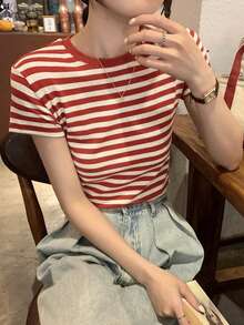 女款對比色條紋短袖T恤，夏季新款時尚修身時尚上衣，休閒紅色 - 紅色 - 查看 2